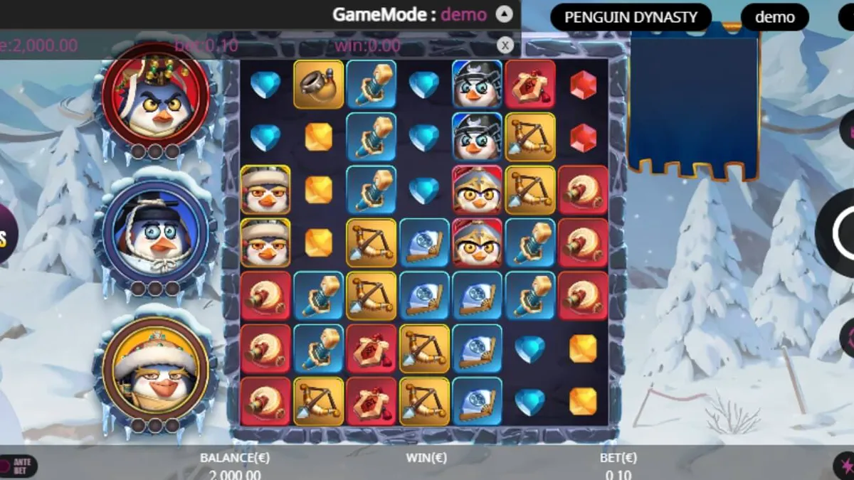 Penguin Dynasty slot game interface with icy palace background