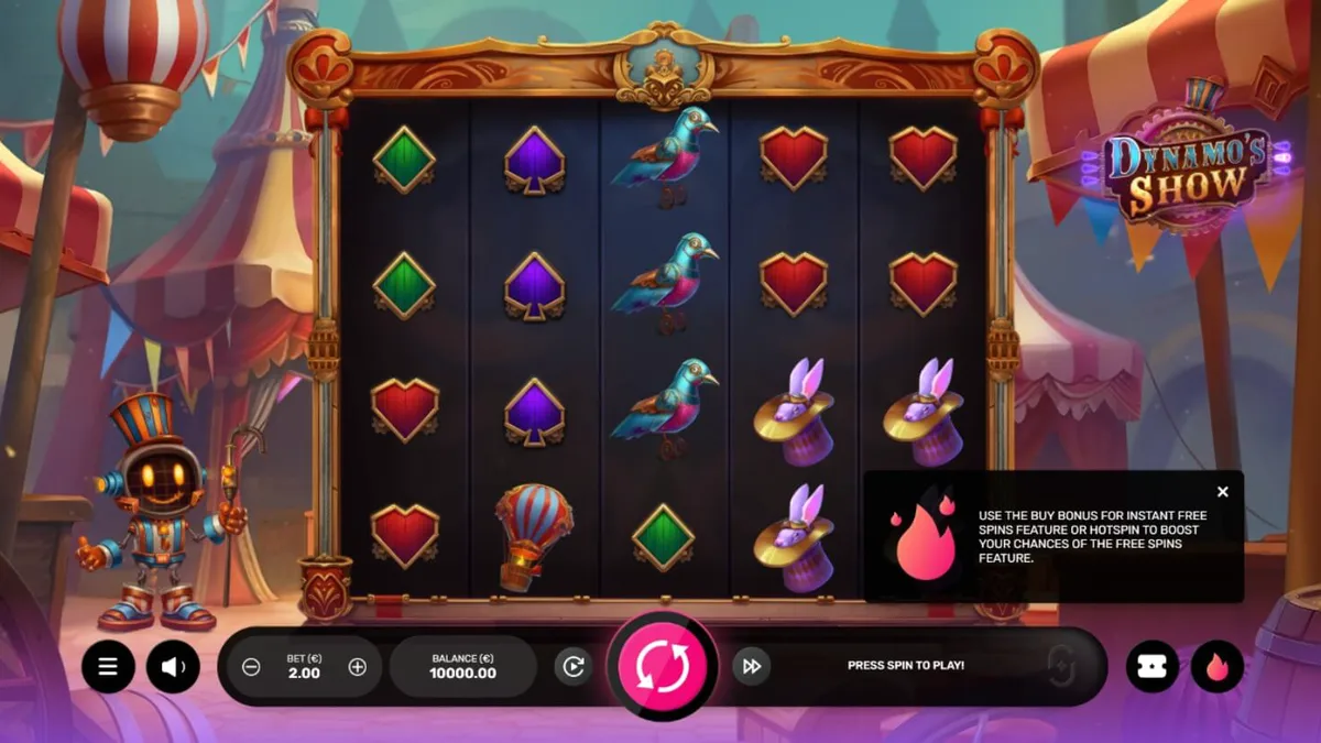 Robot ringmaster memandu pemain dalam slot Dynamo’s Show